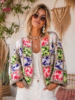 Handmade Crochet Granny Square Cardigan Size M/L Afghan Knit Sweater Jacket